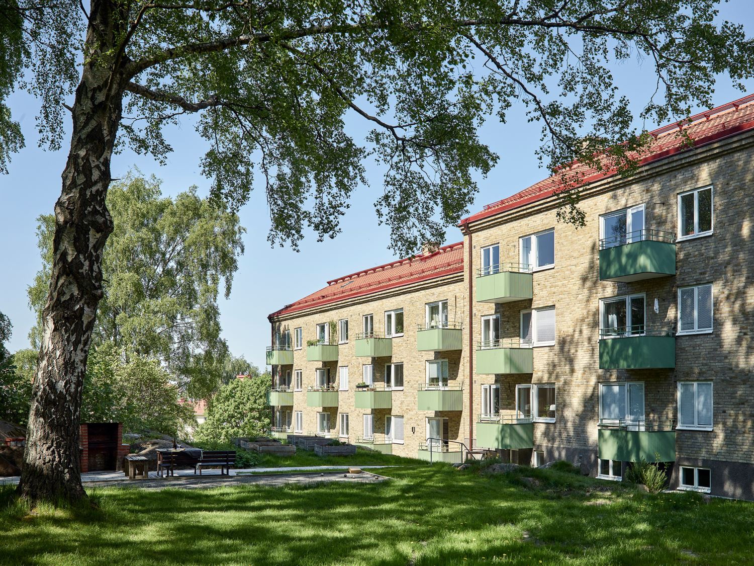 Kortsidan på huset, en björk och himmel på toppsegelsgatan